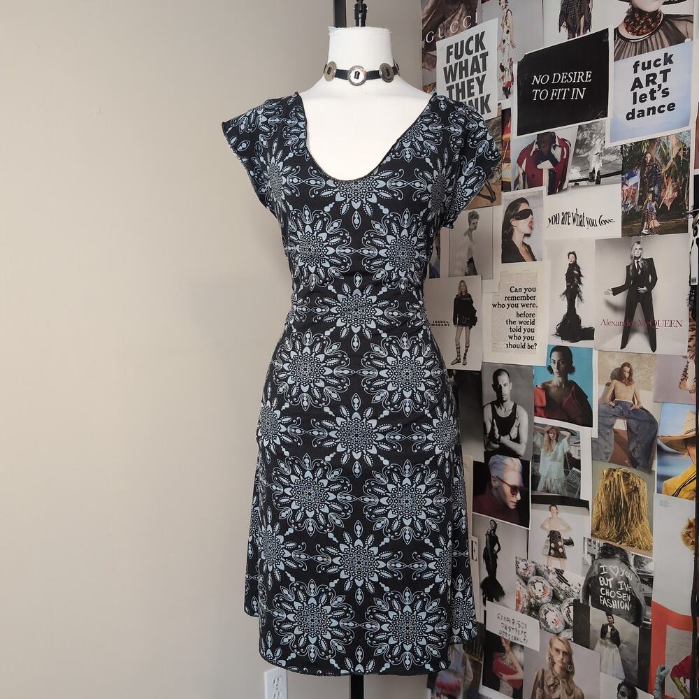 Mandala Print Cap Sleeve Dress With Lattice Back